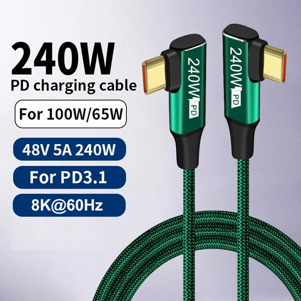 240W 90 Degree Type-C Data Cord PD High-Speed Data Line USB C Fast Charging Cable for Mobile Phone iPhone Samsung Xiaomi Huawei Qme