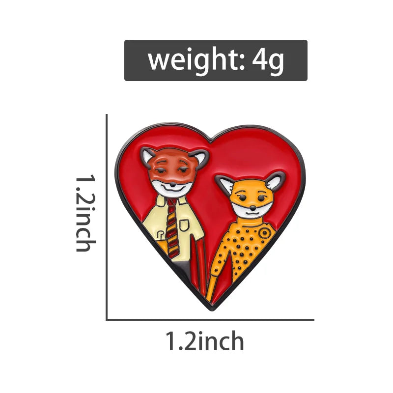 The Fantastic Mr Fox Couple Love Heart Brooch Enamel Pin Comedy Movies Badge Lapel Backpack Jewelry Gift for friend Wholesale Qme