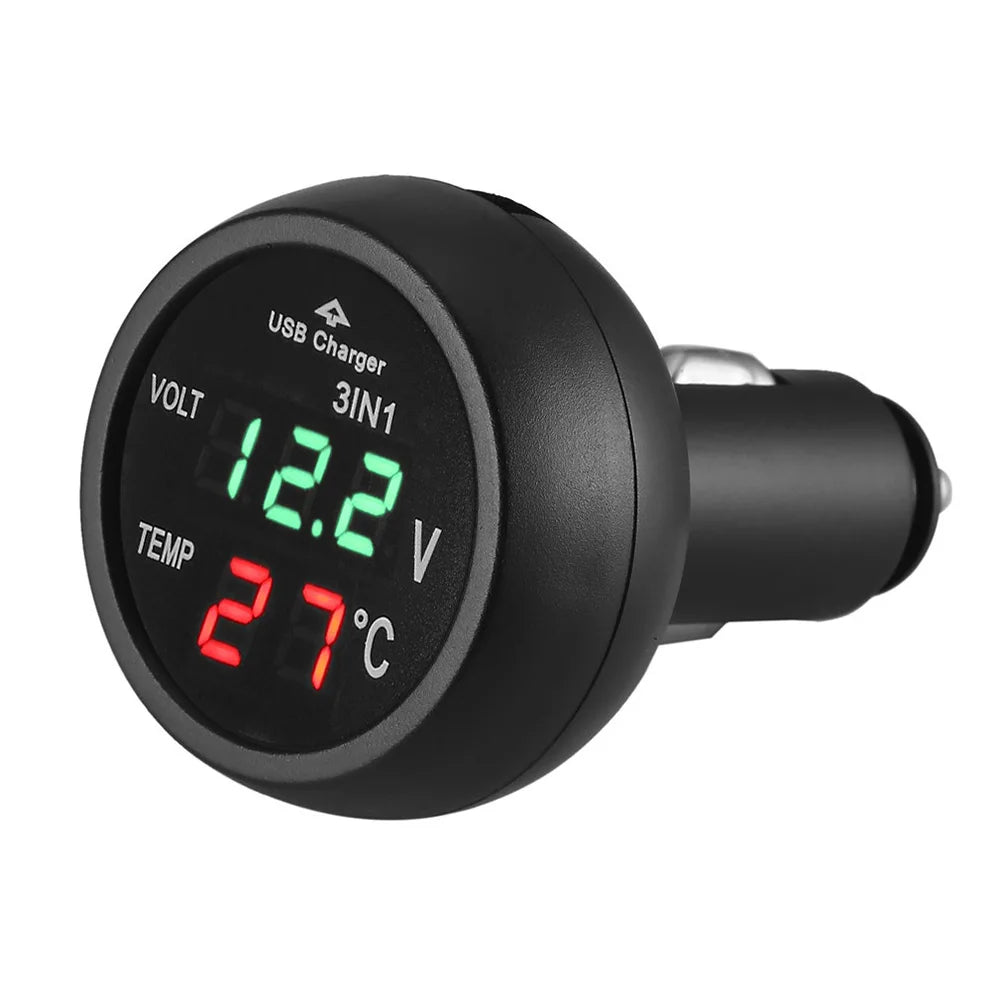 Car Charger 3 in 1 12/24V Charge with Voltmeter Switch Car Auto LED Digital Voltmeter Gauge Thermometer USB Charger Qme green