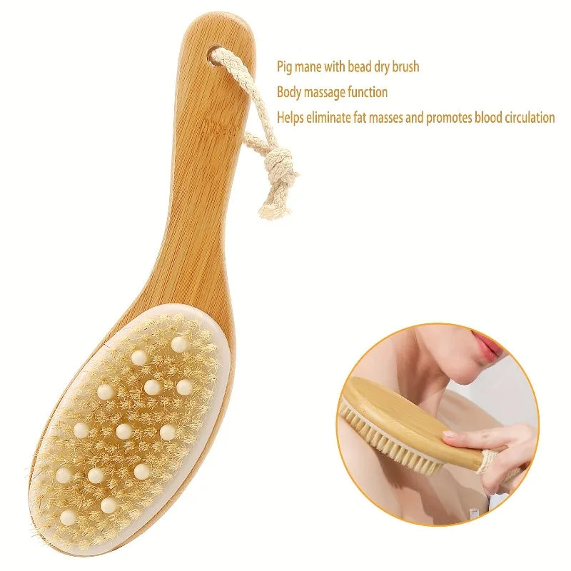 Natural Boar Bristle Dry Body Brush Bamboo Exfoliating Face Foot Long Qme