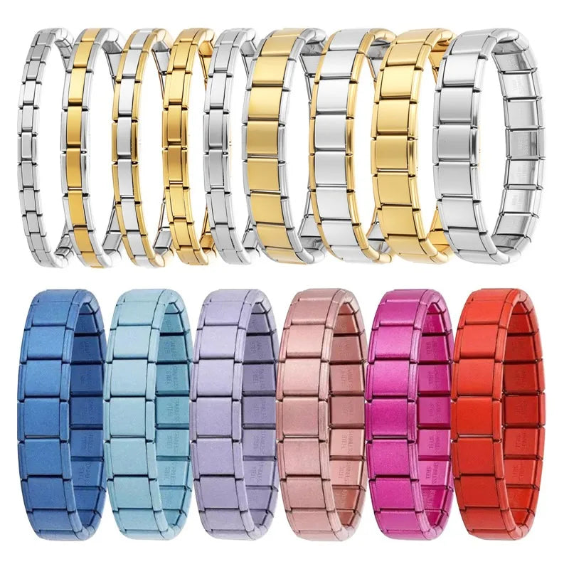 Fashion Wholesale High Quality Couple's Y2K Jewelry DIY 9MM Width Italian Elastic Bracelet Solid Color Stainless Steel Bangle Qme
