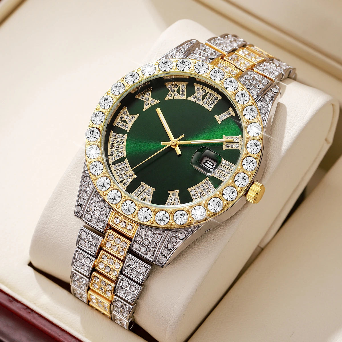 Men's Steel Band Quartz Watch Hip-Hop Business Steel Band Calendar Full Diamond Men's Watch Qme Mix Green No Box