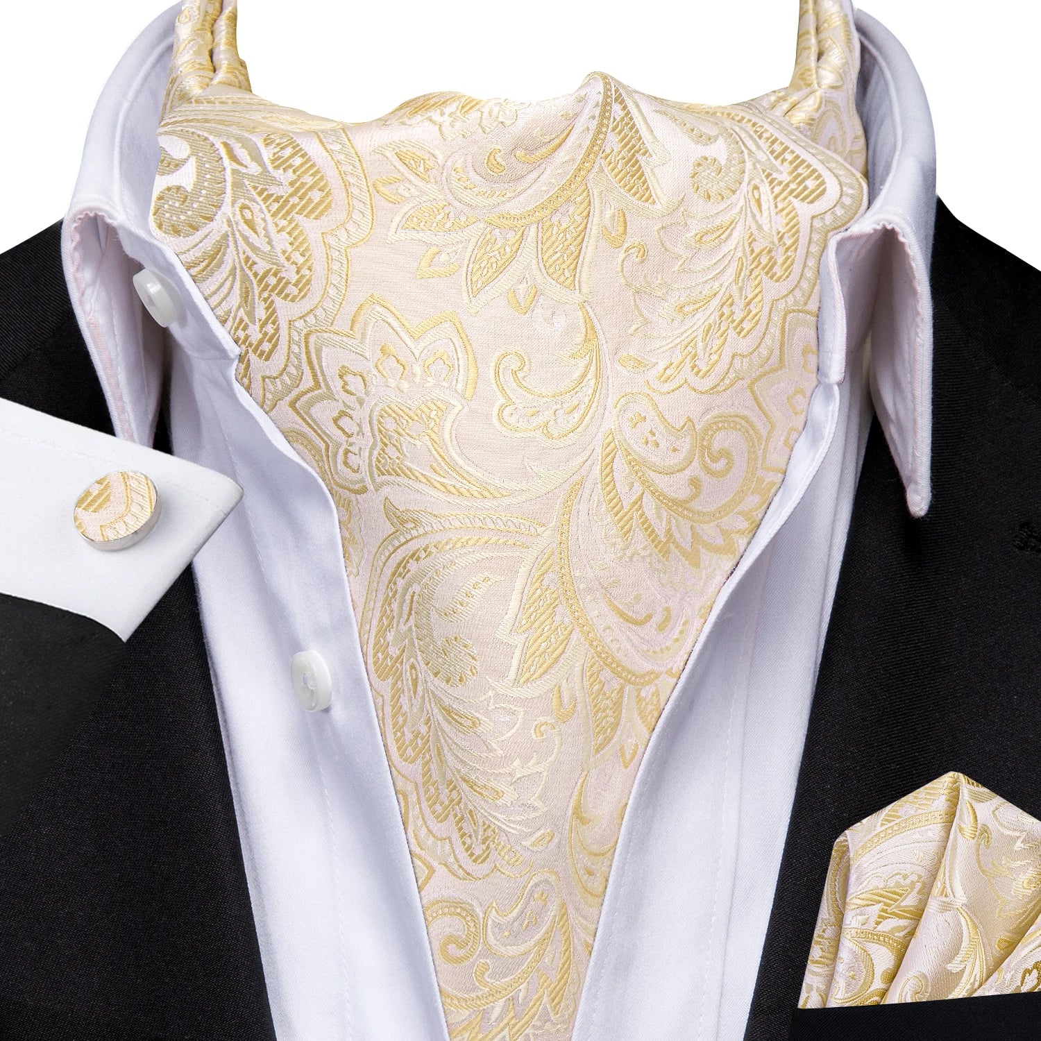 Hi-tie Mens Ascot Pocket Square Cufflinks Jacquard Paisley Floral Qme AS-1141