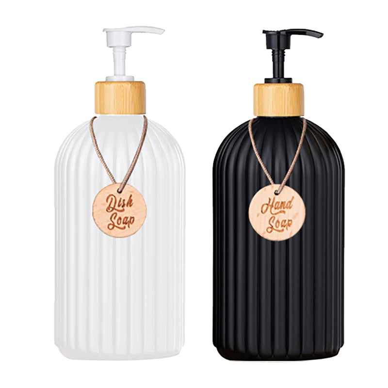 Strip Soap Dispenser with Bamboo Pump Refillable Shampoo Conditioner Hands and Dishes Soap Dispenser Bottle for Kitchen Bathroom Qme white and black