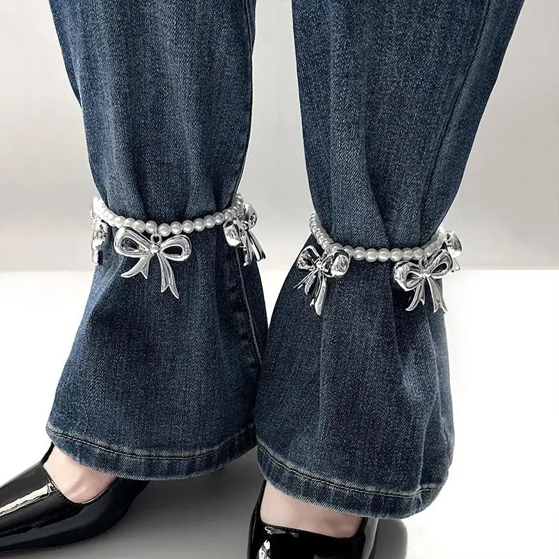 Heart Bow Charm Anklet Trouser Chain Imitation Pearl Beaded Ankle Chain Adjustable Foot Jewelry Women Girls Fashion Accessories Qme