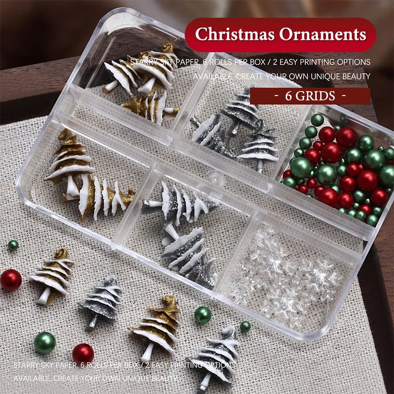 6 Grids Box Christmas Red Green Bead Snowflake Nail Rhinestone Mixed Qme Multicolor