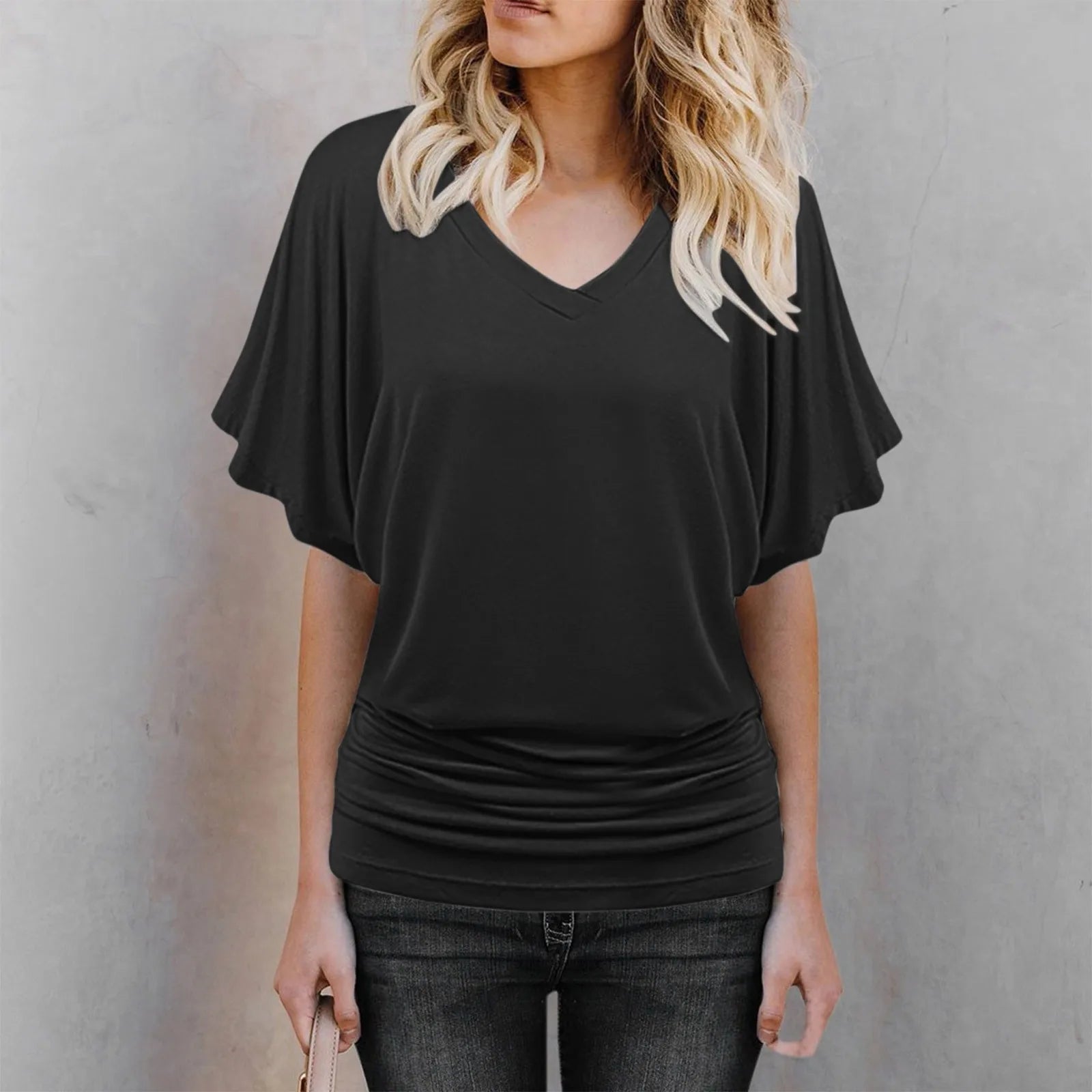 Soft Pleated Summer Bating Short Sleeved V-neck Solid Color T-Shirt Fashionable Classic Soft And Comfortable Daily Top For Lady Qme Black XXL
