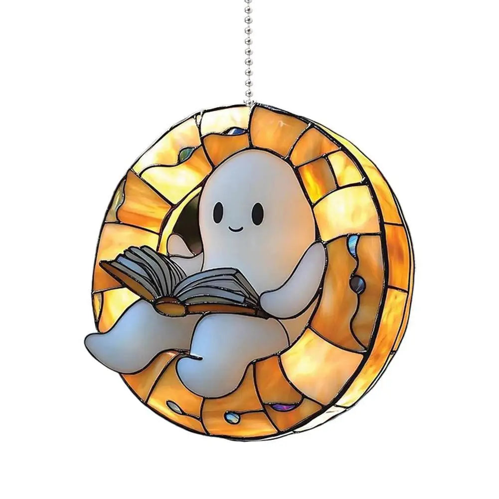 2D Halloween Ghost Reading Book Suncatcher Hanging Decor Acrylic Window Hanging Ornament Colorful Shadow Home Decorations Qme C