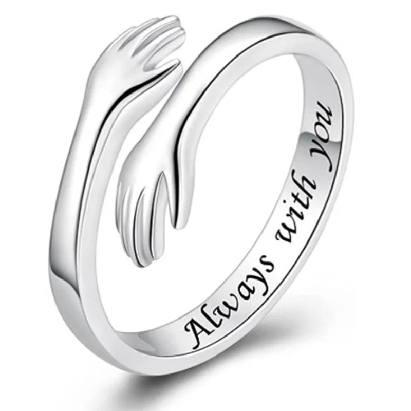 Lettering silver Color Warmly Embraced Love Hug Open Ring For Women Cute Creative Hands Embracing Adjustable Rings Jewelry Qme Always with you resizable