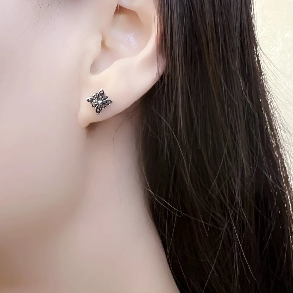 Stud Earrings Marcasite Black Star,Europe Style Glam Fashion Good Jewerly For Women Gift In 925 Sterling Silver Qme
