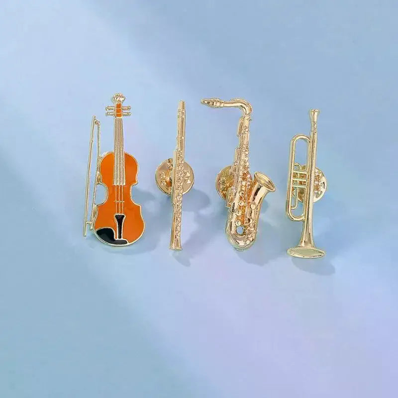 1Pcs Symphony Orchestra Badge Funny Musical Instruments Enamel Brooches Trumpet Clarinet Saxophone Violin Shaped Golden Pins Qme
