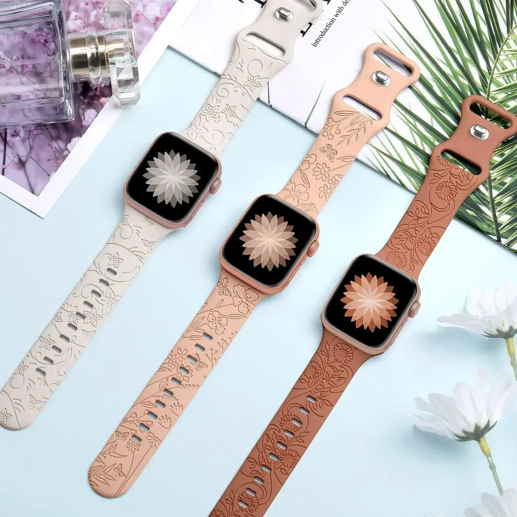 Floral Engraved Strap For Apple Watch Band 40mm 44mm 41mm 49mm 45mm 38mm 42mm silicone bracelet iwatch series 9 7 se 6 8 ultra 2 Qme
