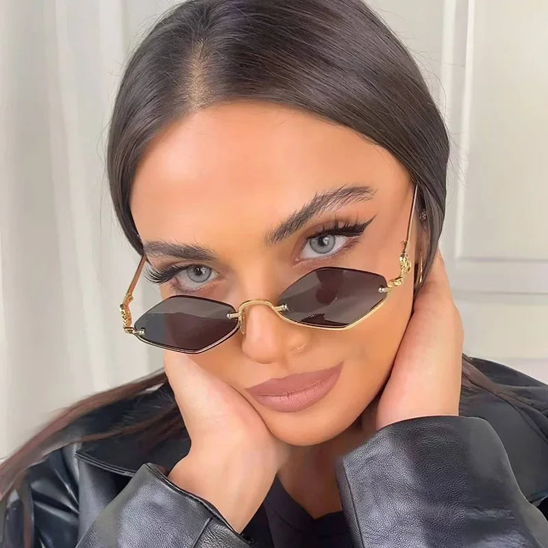 Metal Women Simple Trend Sunglasses New Half Frame Diamond Shaped Dopamine Small Frame Outdoor Sunglasses Qme