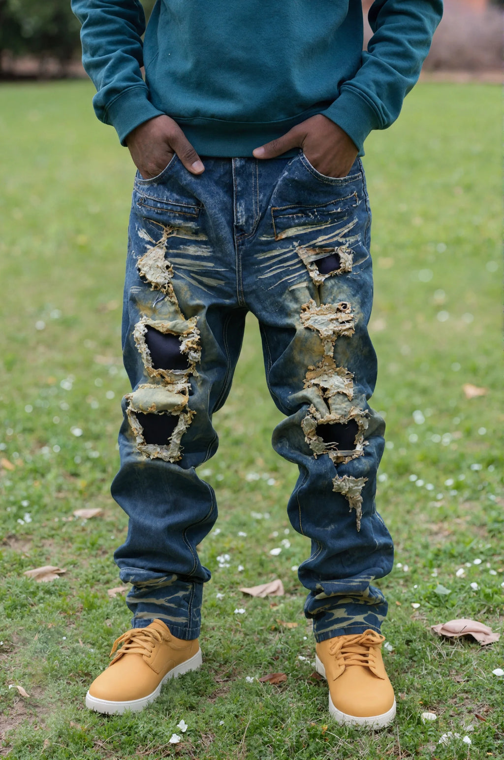 Plus-size Dark Street Style Ripped Jeans, Gradient Wash, Men's Extra Loose Trendy Pants Qme