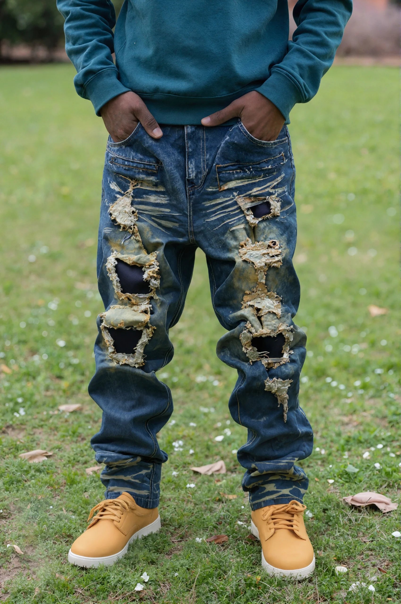 Plus-size Dark Street Style Ripped Jeans, Gradient Wash, Men's Extra Loose Trendy Pants Qme