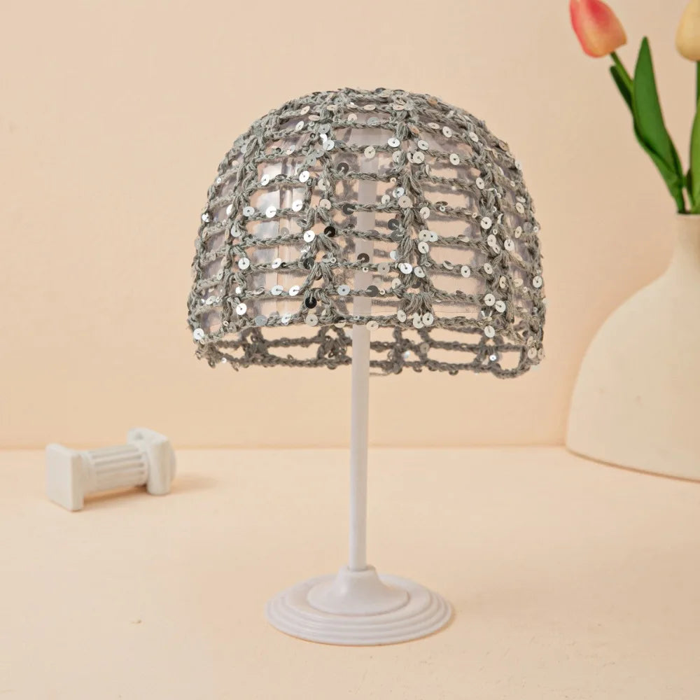 Retro Elegant Hollowed Out Knitted Hat Thin Solid Crochet Sequined Qme Grey