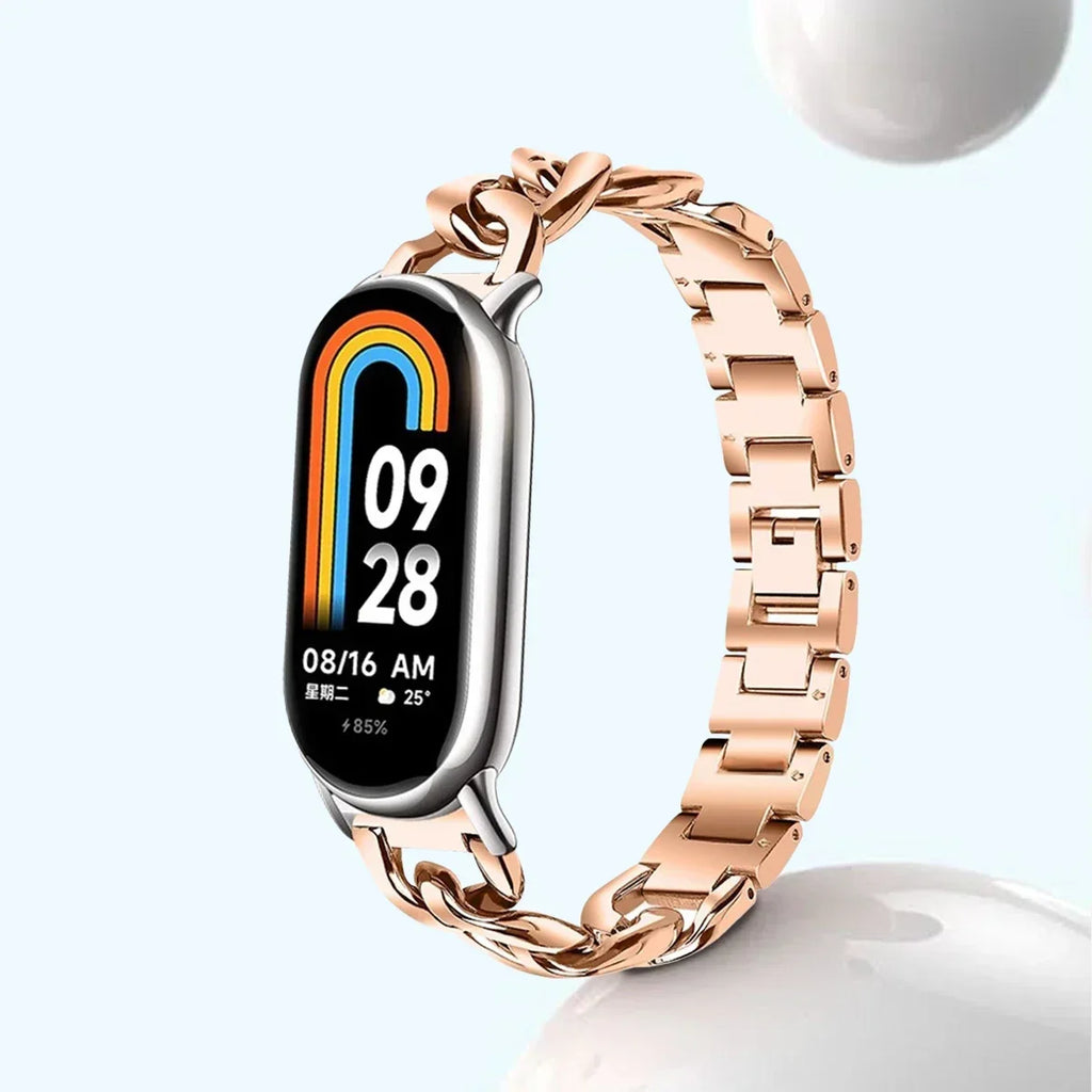 Srap for Mi Band 8 9 Straps Wristband Fashion Single-Lap Chain Metal Sport Women Smart Bracelet Replacement Accessories Qme Rose Gold for mi band 9