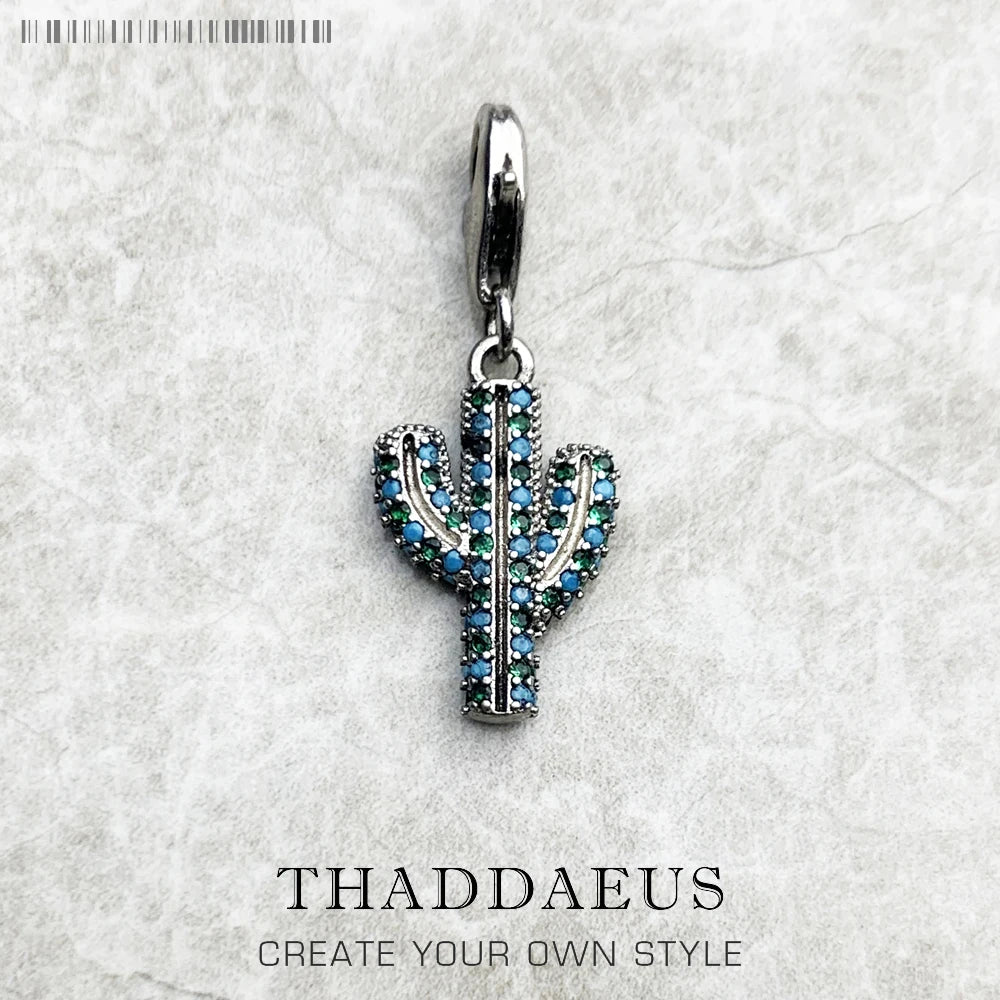 Blue Cactus Charm Fine Jewelry Europe Club Trendy Women Gift In 925 Sterling Silver Qme Lobster Clasp
