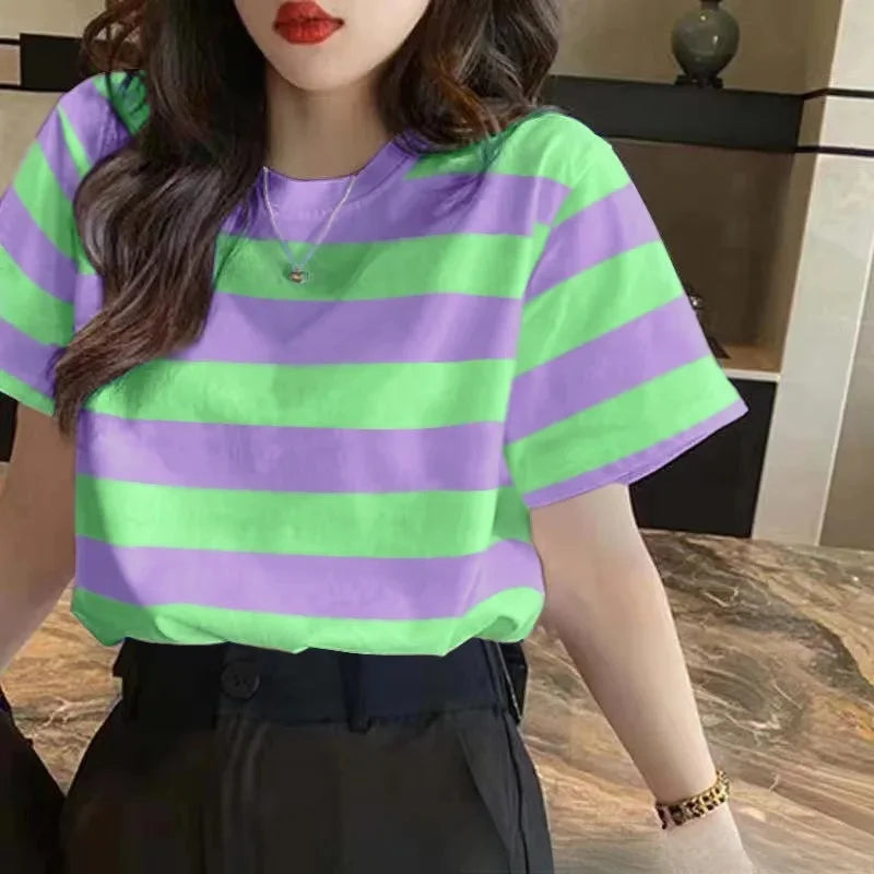 Summer Style Loose-fit Round Neck Short Sleeve Striped Pullover Casual Versatile Round Neck Slim Fit T-shirt Base Layer Shirt Qme Purple M
