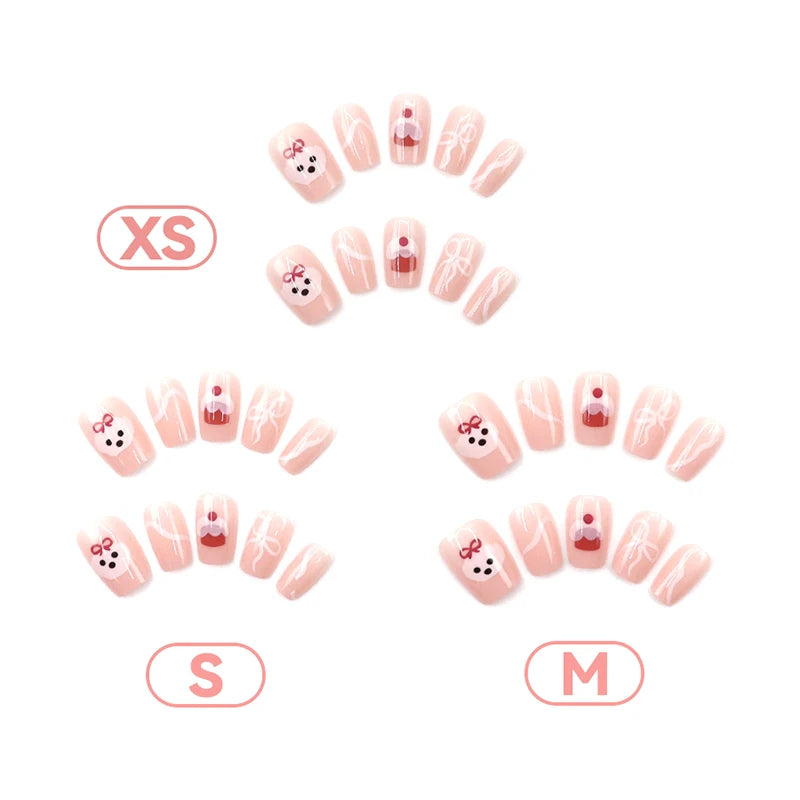 Lovely Dog Bow Cake Short Square False Nails Jelly Adhesive Qme