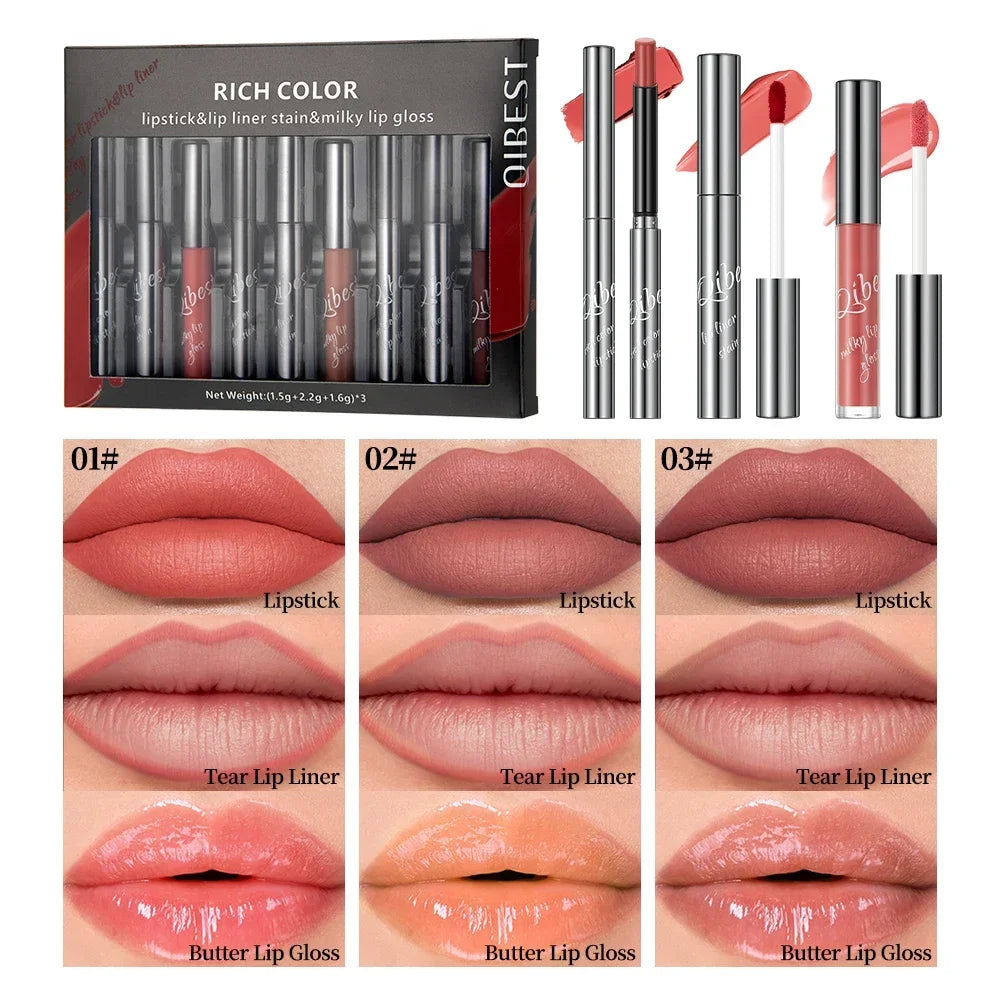 Qibest 9Pcs Lip Makeup Kits Matte Lipstick,Tear Off Lip Liner,water Lip Glaze,Nude Velvet Lip Stain Long Lasting Lip Cosmetics Qme SET A
