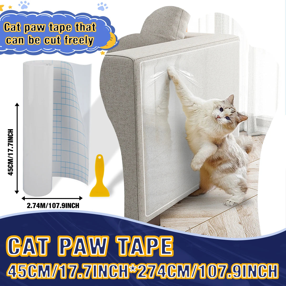 Cat Scratch Deterrent Tape Furniture Protectors From Cats Transparent Self-Adhesive Pet Training Tape for Sofa Furniture Sticker Qme 45cmX274cm