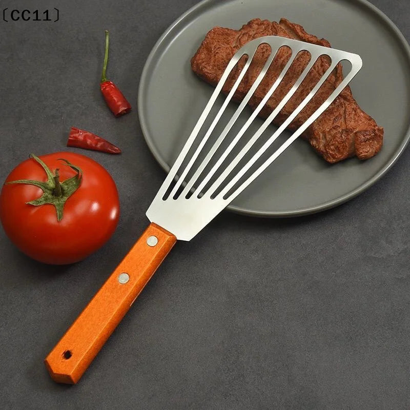 Stainless Steel Fish Frying Shovel Wooden Handle Fan-shaped Household Qme