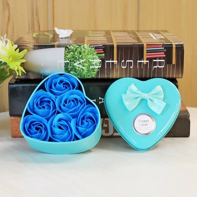 6Pcs Heart-shaped Rose Gift Box Simulated Rose Soap Flower Mother's Day Rose Gift Box Valentine's Day Rose Gift Wedding Souvenir Qme Blue