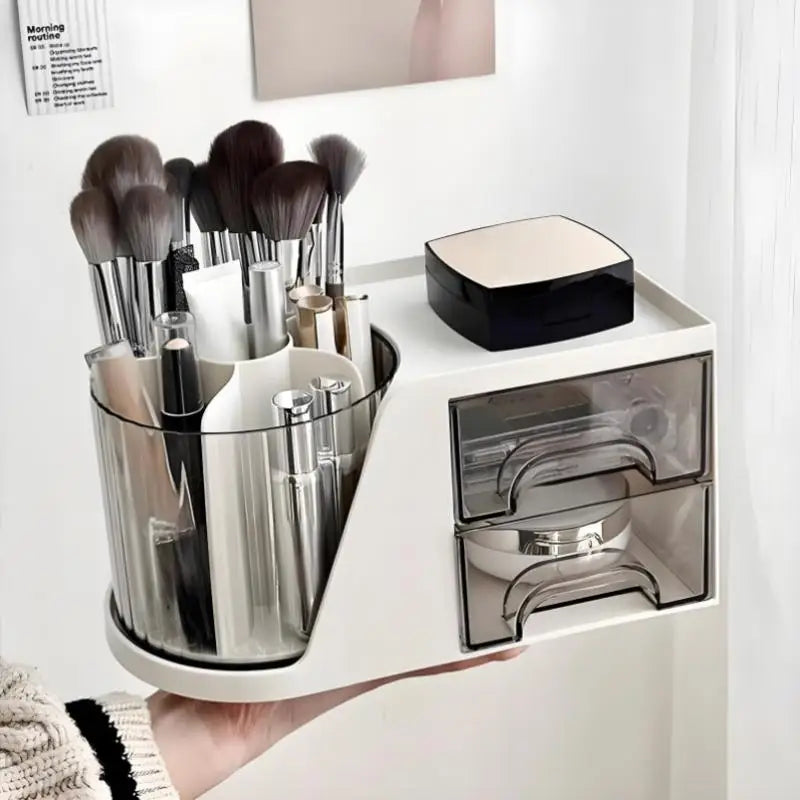 Drawer Plastic Pen Holder Cosmetic Storage Box 2-in-1 Rotating Qme