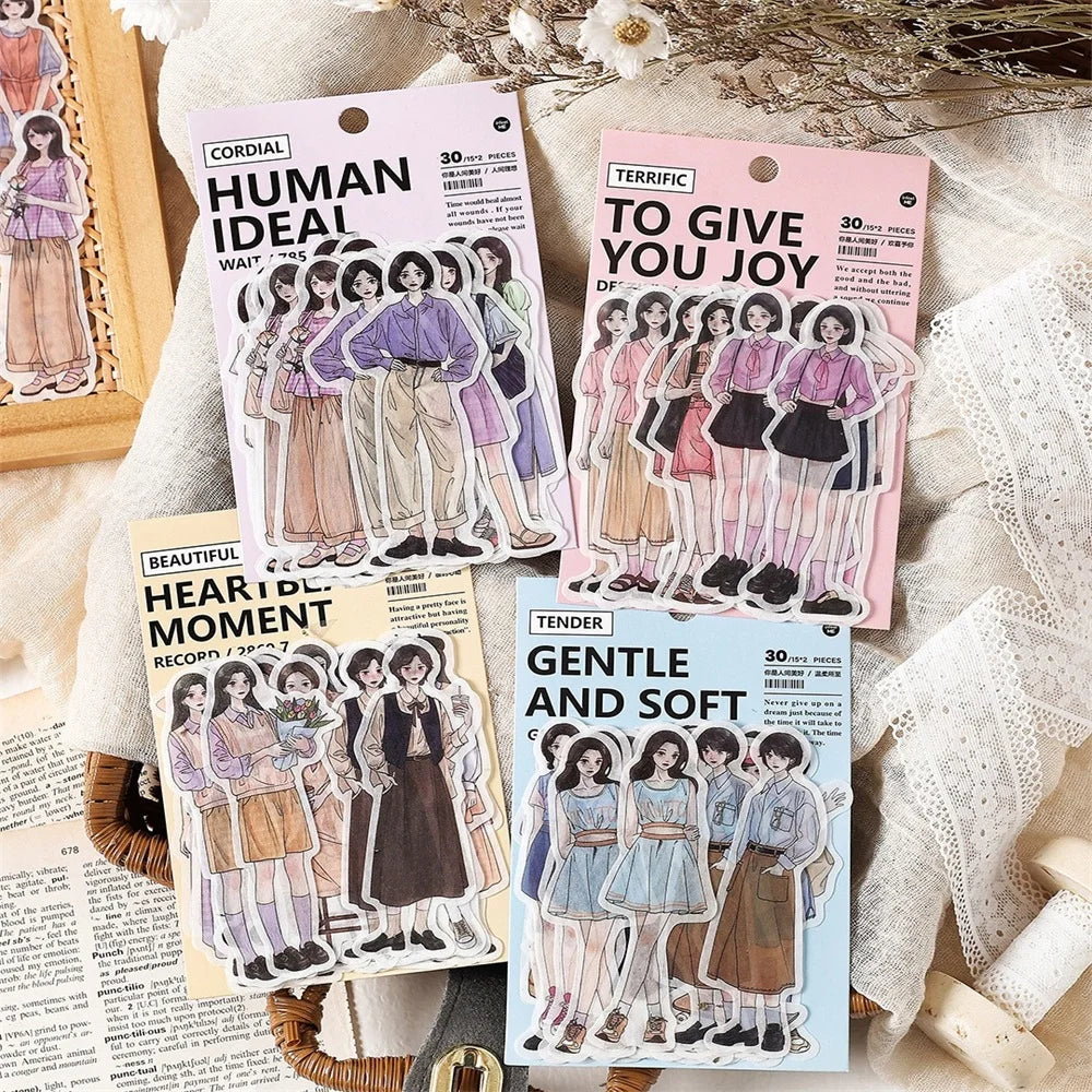 30Pcs/pack Creative Korean Cartoon Character Stickers DIY Manual Diary Scrapbook Materials Cute Stationery Stickers Qme E