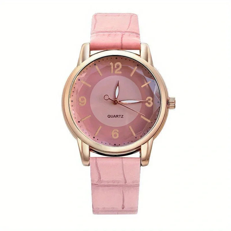 Casual Round Pointer Quartz Watch Ladies Fashion Analog PU Leather Wristwatch For Women Girls Students Qme Pink No