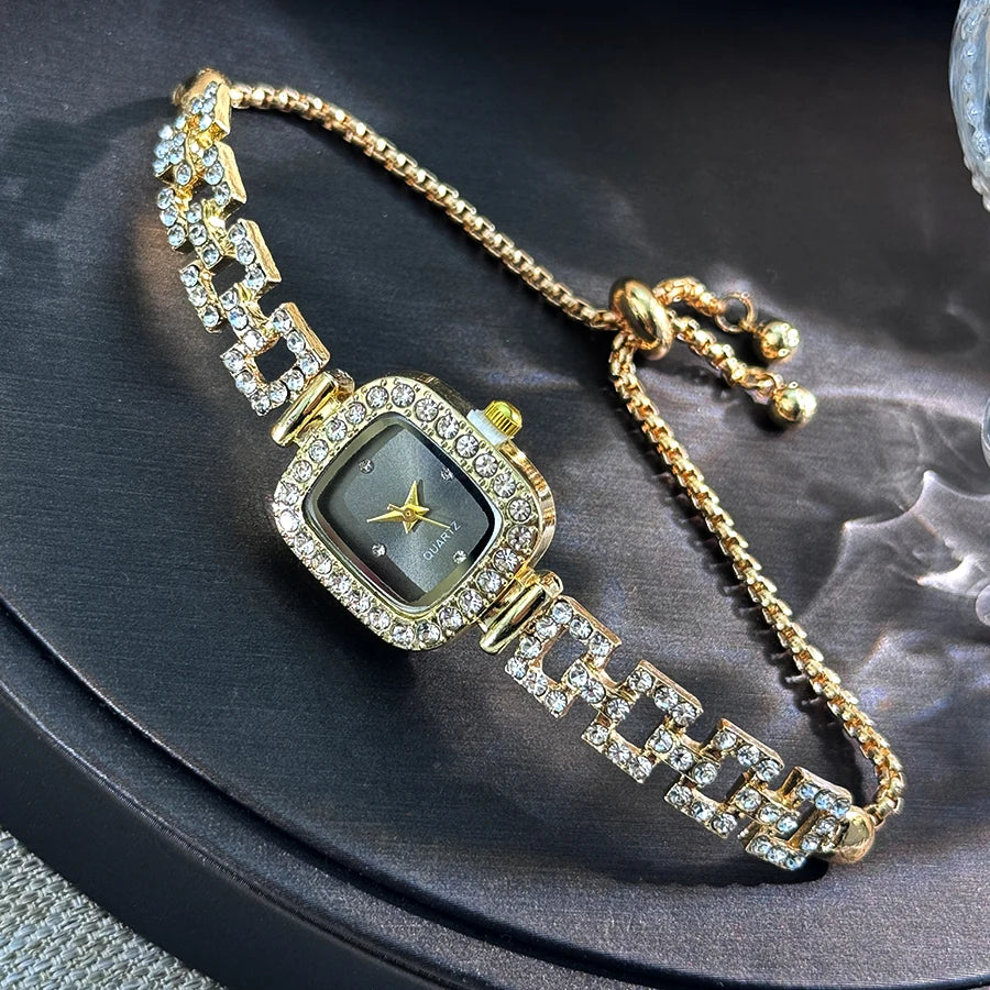 Cross-border new small square bracelet pull women's watch free adjustment square chain diamond set small ladies quartz watch Qme black