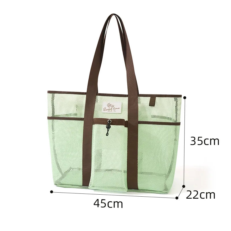 A Mesh Gym Beach Tote Bag Large Capacity Portable Handheld Travel Bag Swimming Swimsuit Storage Pouch for Outdoor Vacation Qme tote green