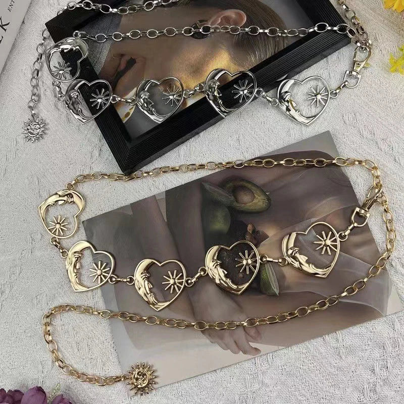 Harajuku Punk Moon Metal Belts Women Vintage Gothic Sun Waist Chain Qme