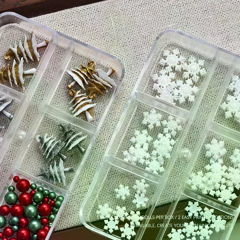 6 Grids Box Christmas Red Green Bead Snowflake Nail Rhinestone Mixed Qme