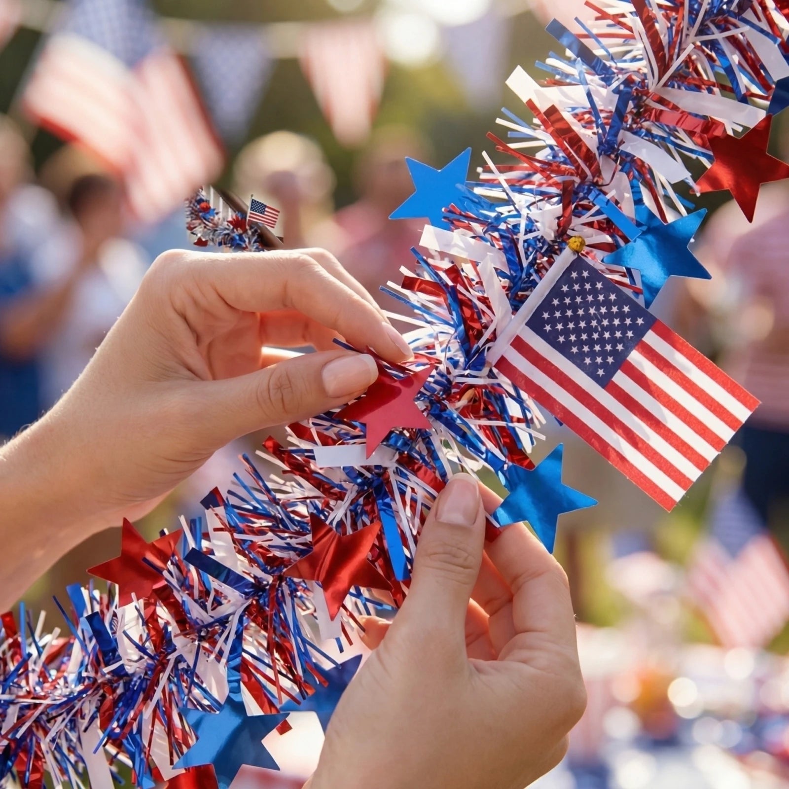Independence Day Tinsel Banner with Star and Flag Elements Holiday Party DIY Decor for Indoor Outdoor Events and Celebration Qme