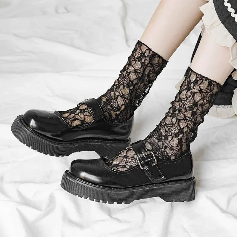 Women Kawaii Japanese Fashion Sock Retro Lace Floral Mesh Lolita Cute Qme