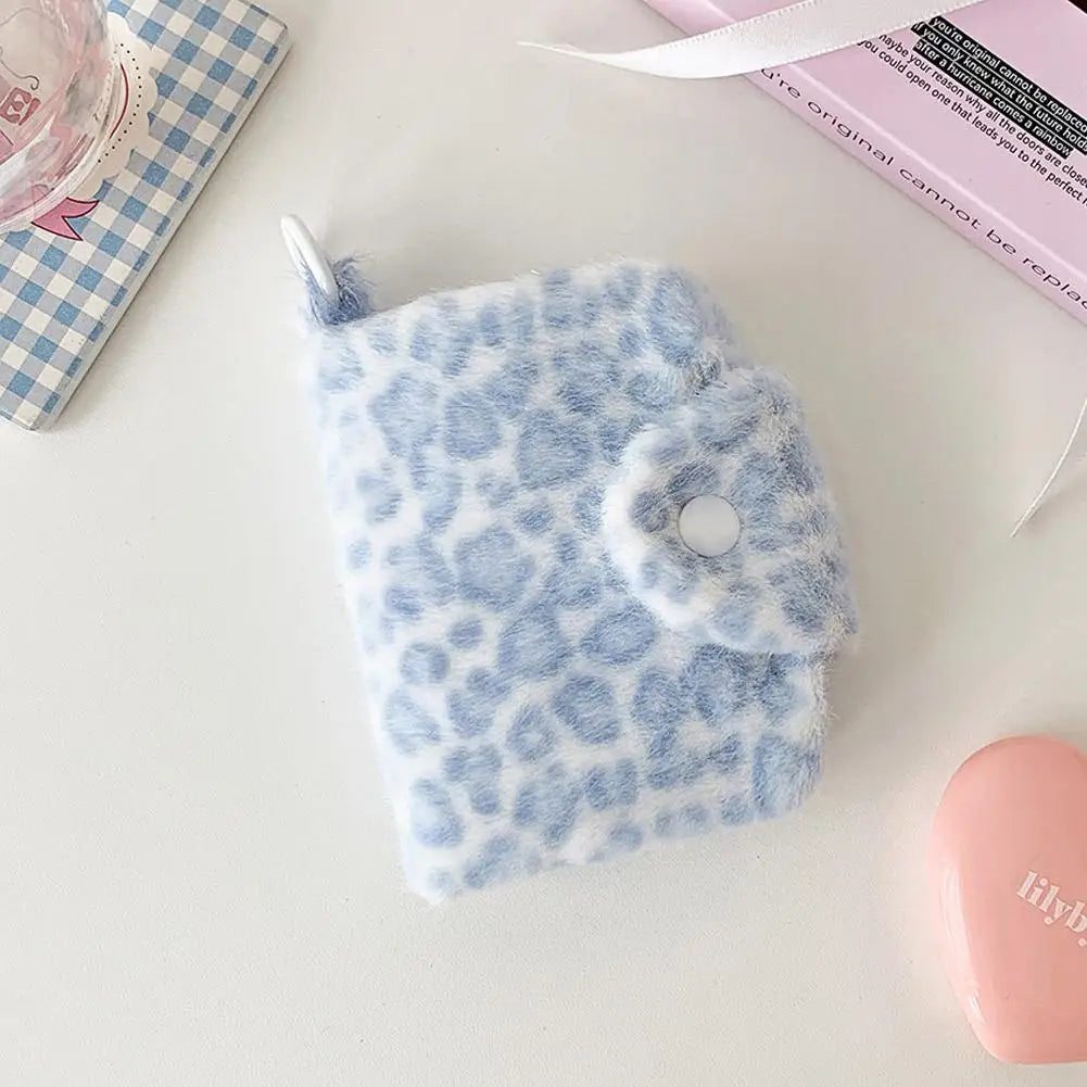 Leopard Print Coin Purse Plush Snap Closure Mini Wallet for Girls Portable ID Card Holder Coin Bag Small Clutch Pocket Wallet Qme Blue