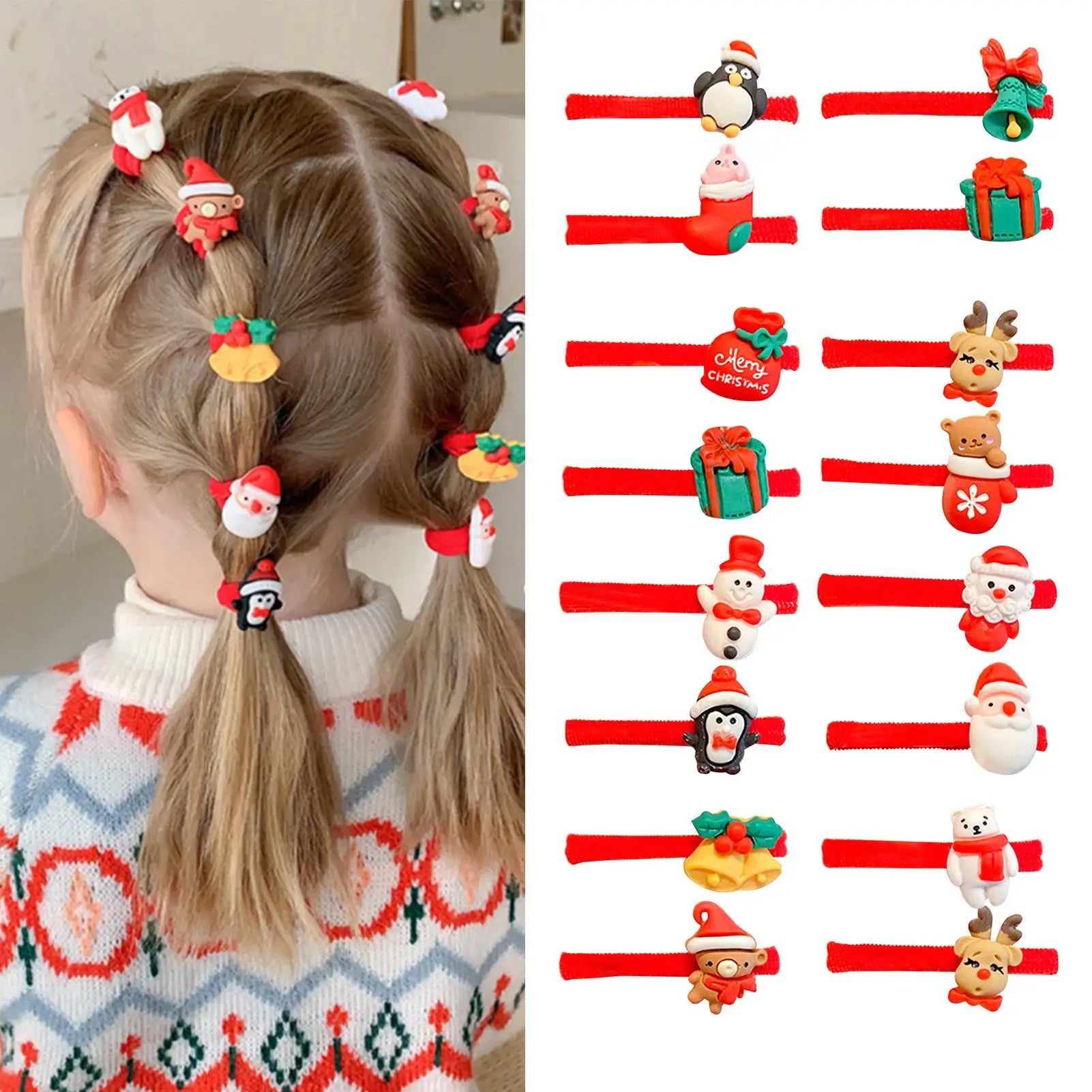 10PCS Christmas Hair Ties Cute Santa Elastic Bands Soft No Damage Ponytail Holders Santa Snowman Christmas Elastic Hair Bands Qme