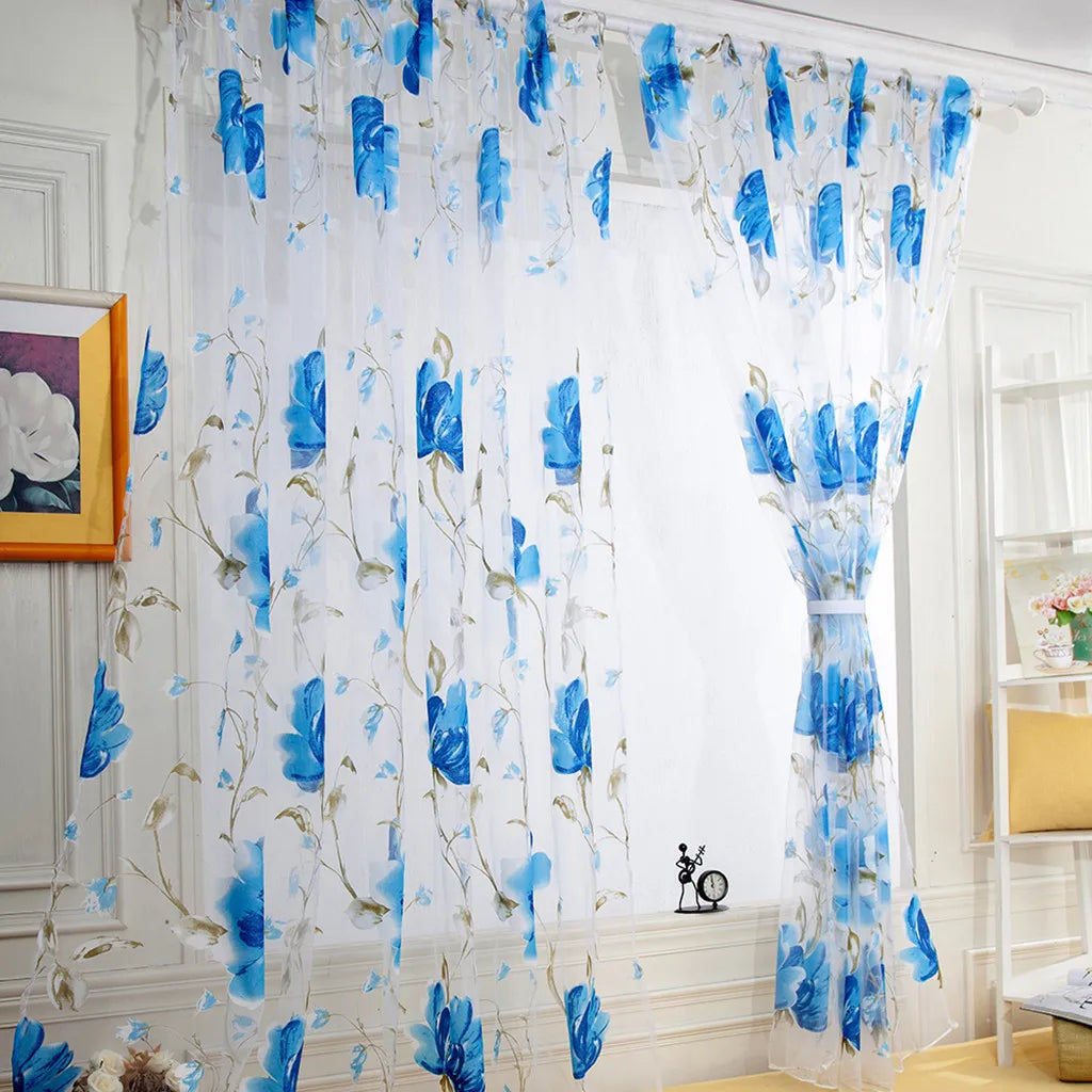 1/2 PCS Vines Leaves Tulle Door Window Curtain Drape Panel Sheer Scarf Valances Colorful Floral Pattern Transparent Curtains Qme Blue