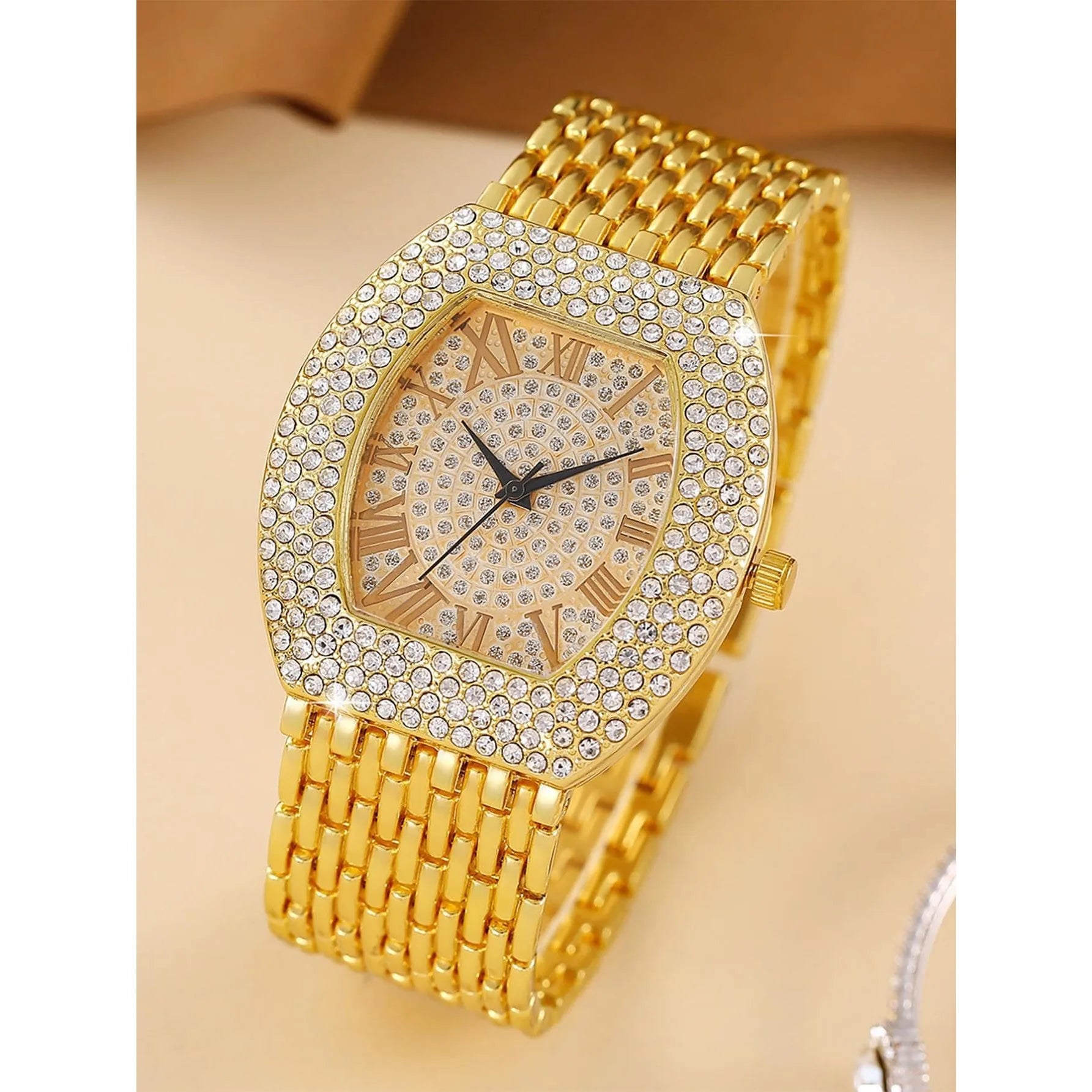 Women Gold Tonneau Watch Full Diamond Bling Roman Dial Stainless Steel Band Quartz Wristwatch Qme Gold No