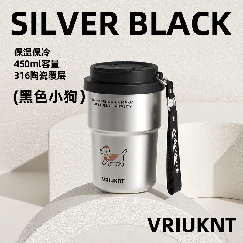 Simple Portable Ceramic Inner Lined Straw Tumbler Coffee Cup Qme Black dog 450ml