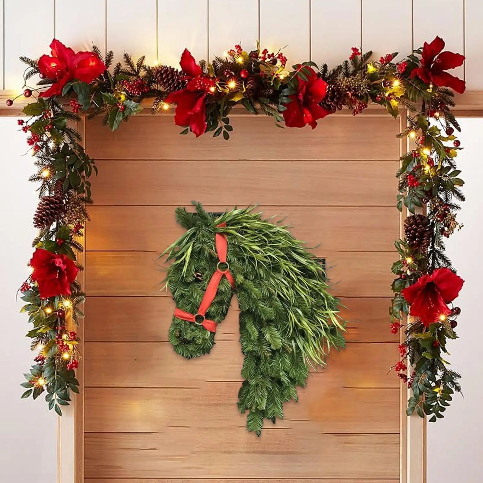 Horsehead Christmas Wreath Horsehead Gate Ring Rural Farmhouse Equestrian Theme Door Decoration 40cmx30cm Qme