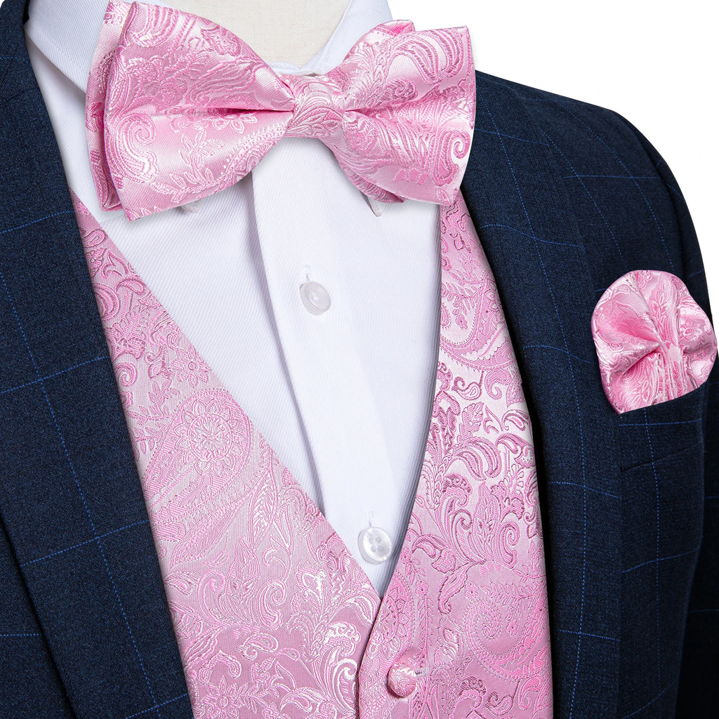 Men's Pink Paisley Suit Vest & Bow Tie Set – Formal Waistcoat with Tie, Jacquard for Weddings and Festive Events Qme