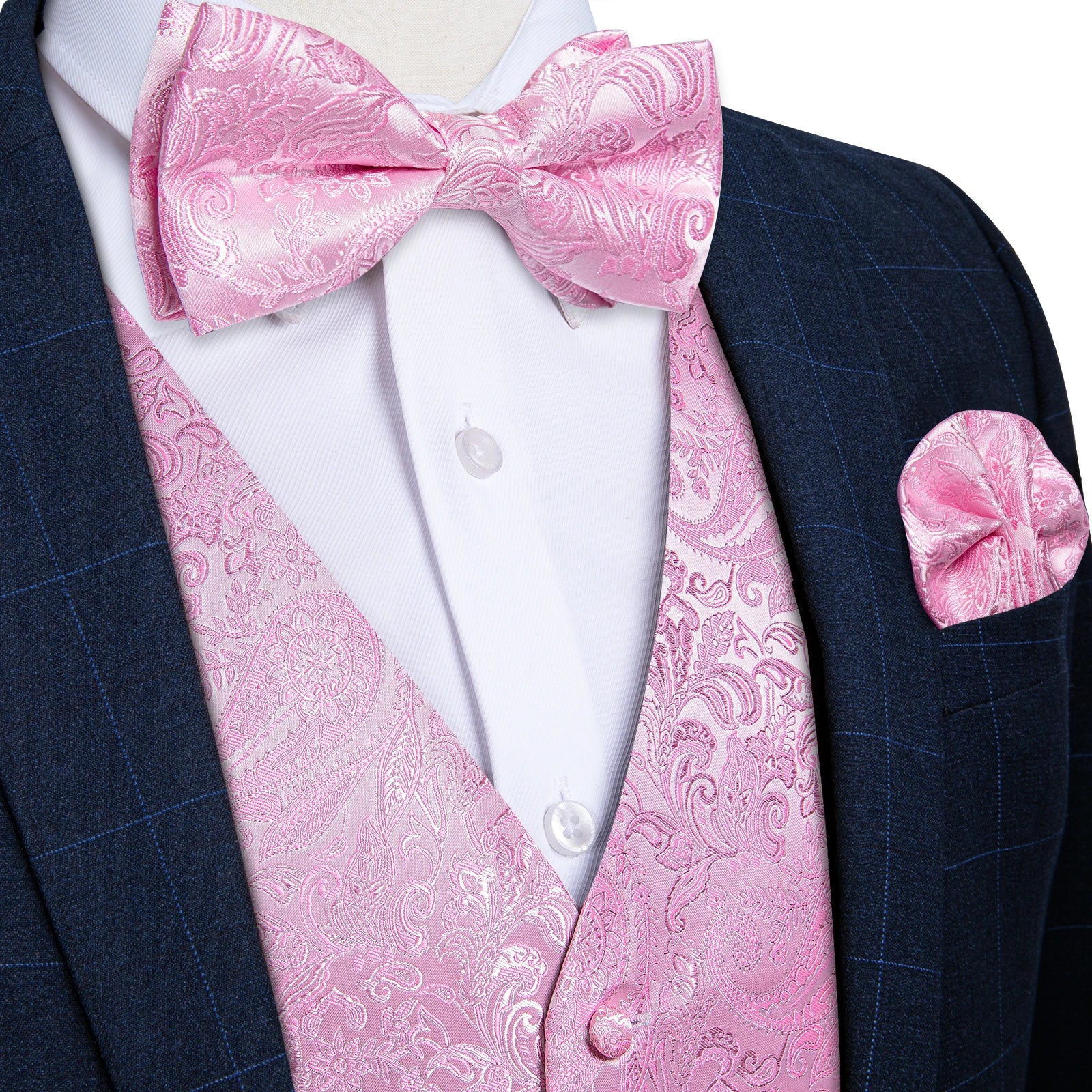 Men's Pink Paisley Suit Vest & Bow Tie Set – Formal Waistcoat with Tie, Jacquard for Weddings and Festive Events Qme