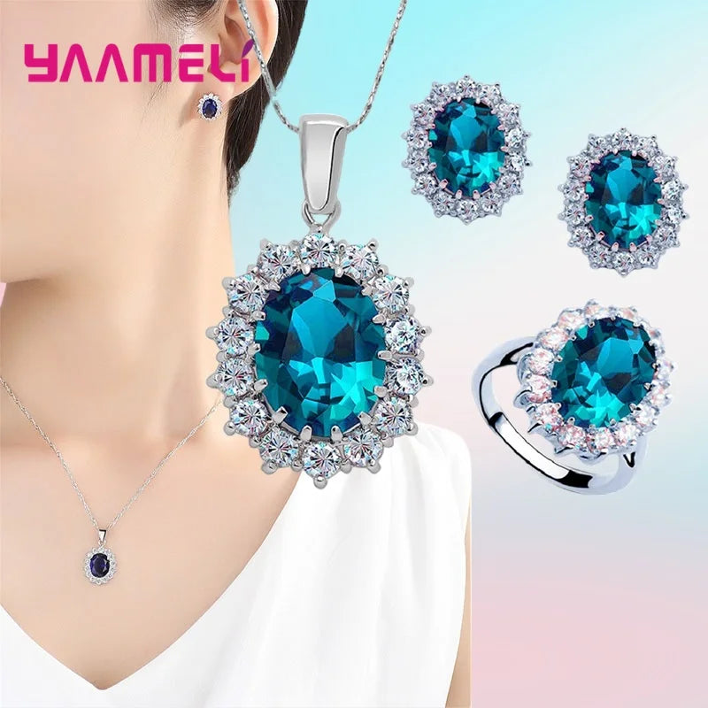 Authentic 925 Sterling Silver Plated Women Wedding Engagement Jewelry Sets Princess Oval Zircon Crystal Necklace Earrings Ring Qme Sky Blue