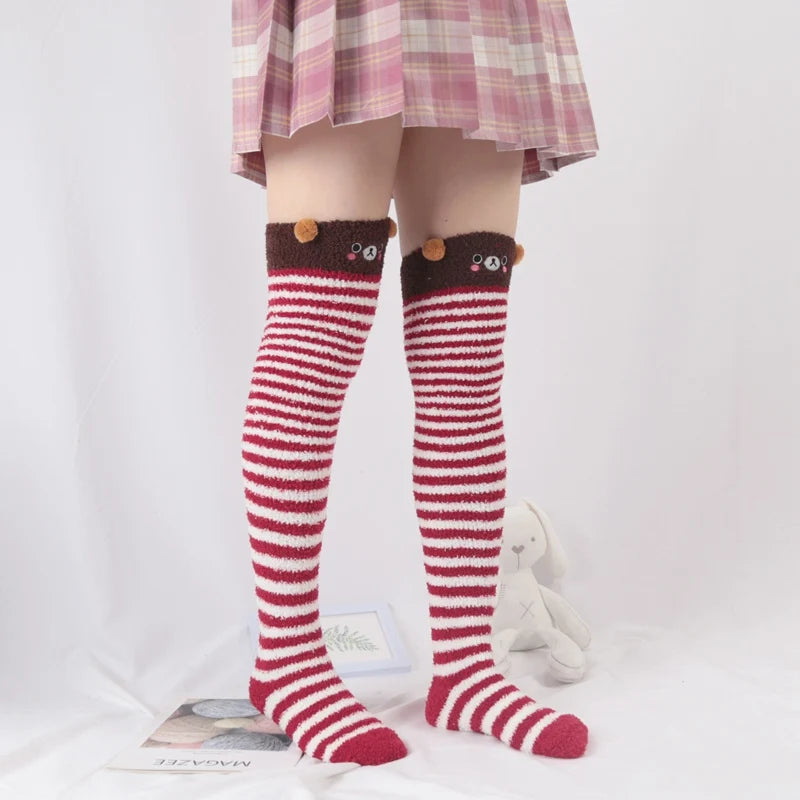 Women Girl Cute Winter Striped Coral Velvet Long Socks Warm Thicke Knee Length Socks Cute Bear Fox Sheep Home Towel Stockings Qme B One Size