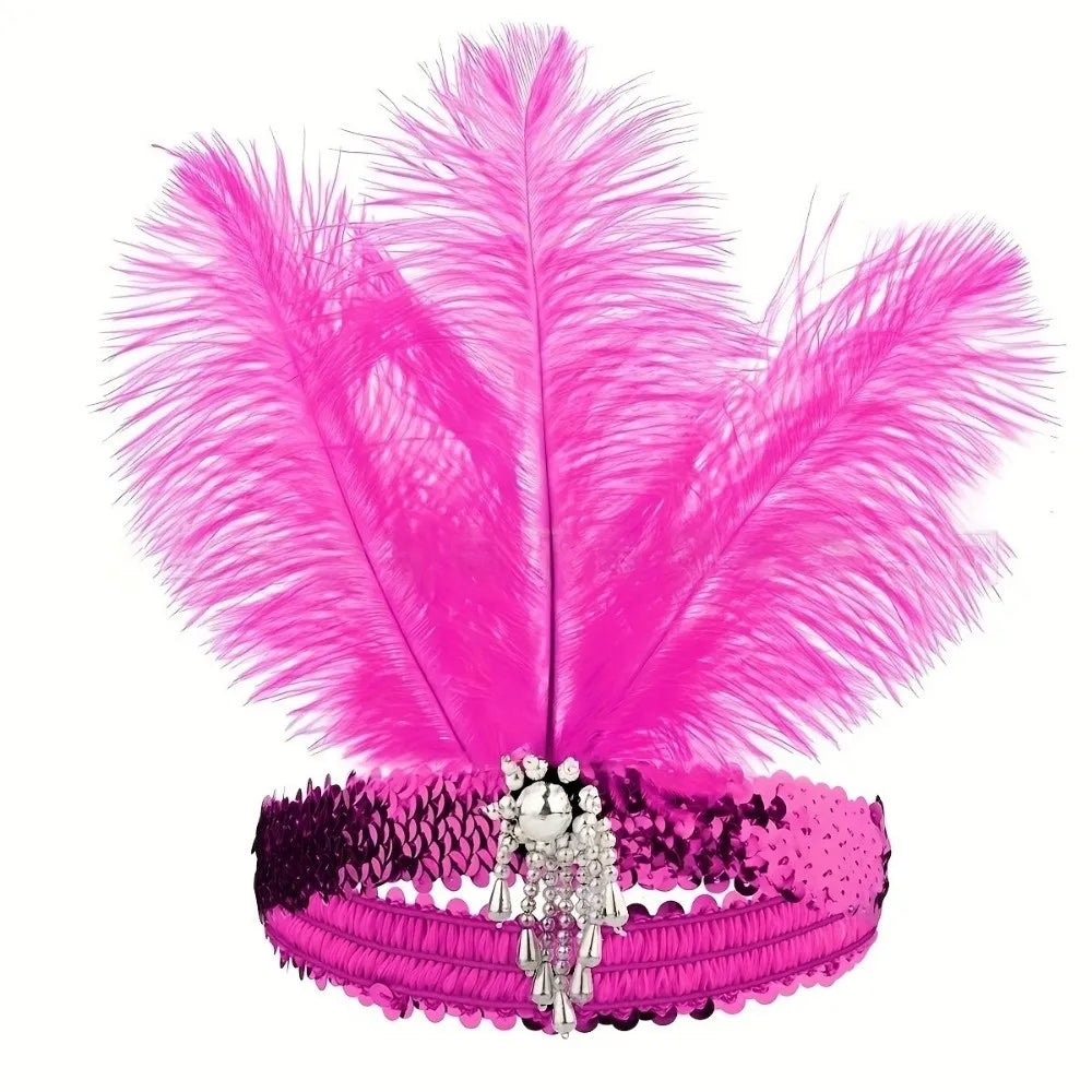 Exquisite Retro Women's Feather Headband Sequin 1920s Girls Hair Hoop Qme Rose Red