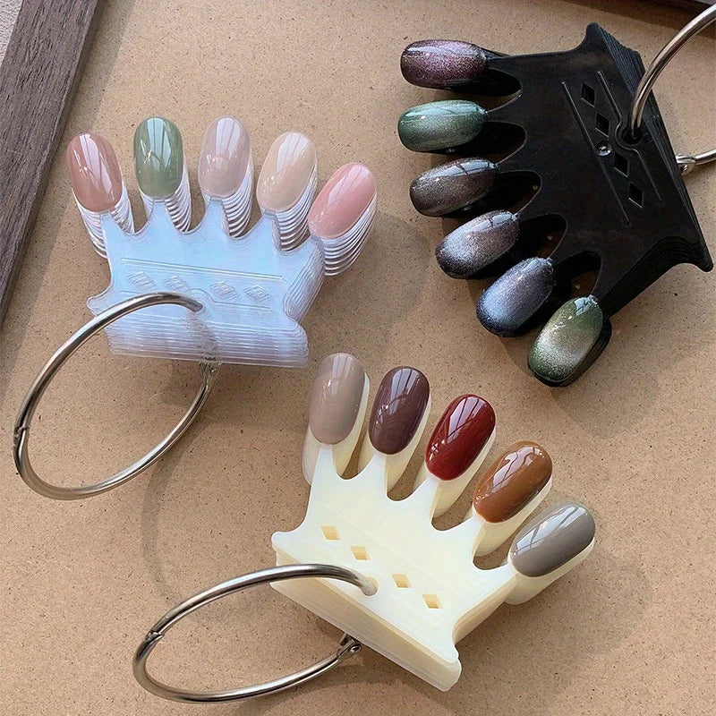 2 Sets 5-Finger Nail Color Display Card, Crown Shape Nail Swatch Sticks with Ring, Removable False Nail Tips Holder for Nail Art Qme