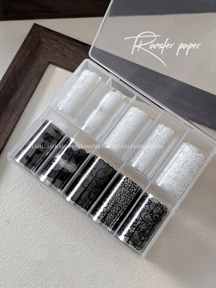 10 Rolls Vintage Lace Nail Art Transfer Paper, Retro French Pure Mixed Style Nail Decals, 50cm Water Decal for Nail DIY Manicure Qme Black and white lace